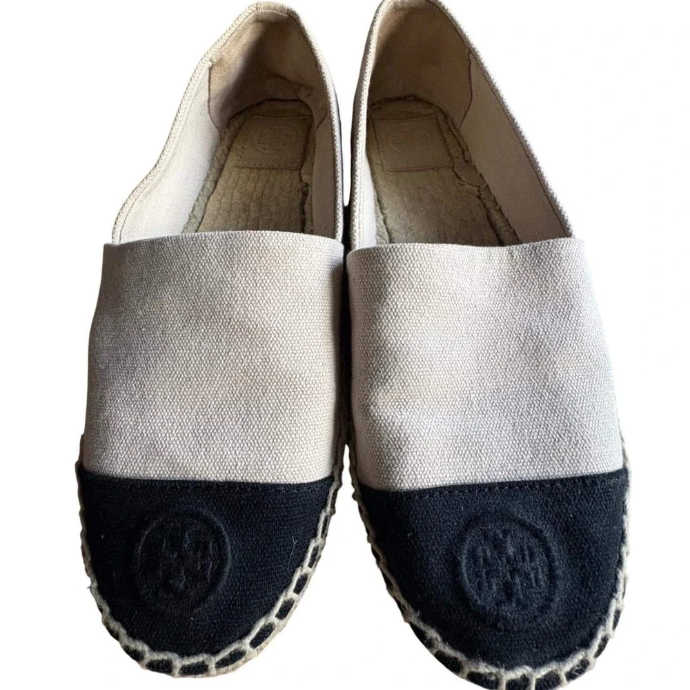 $198 TORY BURCH Espadrille Flats Canvas Cream & Black Toe w/Logo Women's‎ Sz 7.5